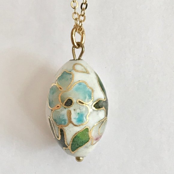 Vintage Cloisonne Flower Egg Oval Bead Necklace Aqua Pink Enamel Gold Plated 18" - Picture 8 of 11